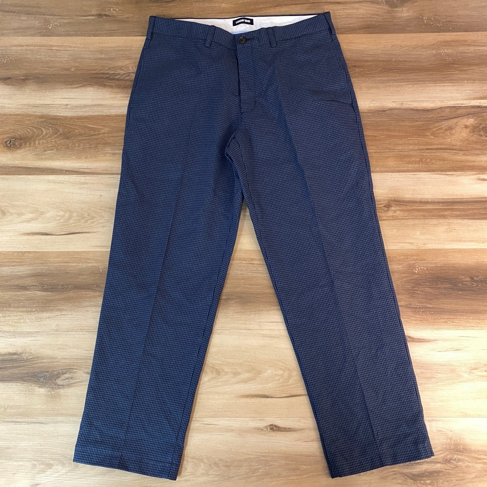 Lands End Mens 35 Traditional Fit Pants Blue Houndstooth Cotton‎ Flat Front